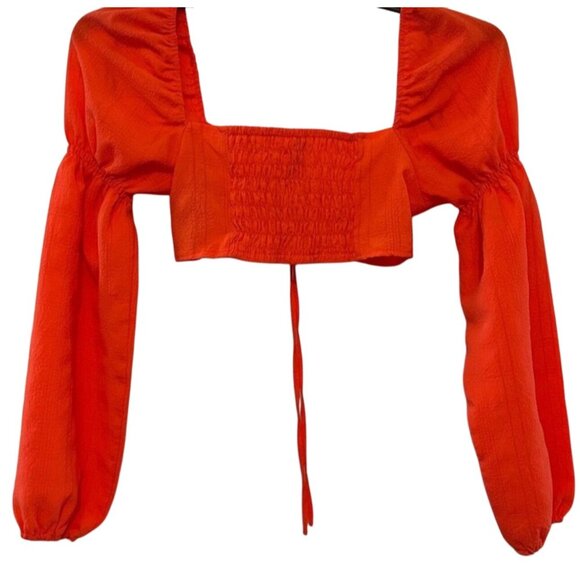 H&M Divided Womens Orange Crop Top S Square Neck Long Puff Sleeves Polyester & E - Picture 3 of 12